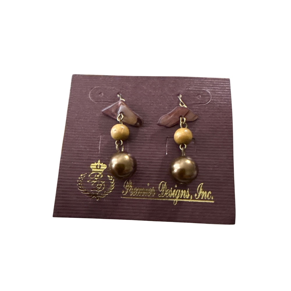 Premier Designs Inc Brown Bronze Wood Stone Bead Dangle Drop Earrings Boho